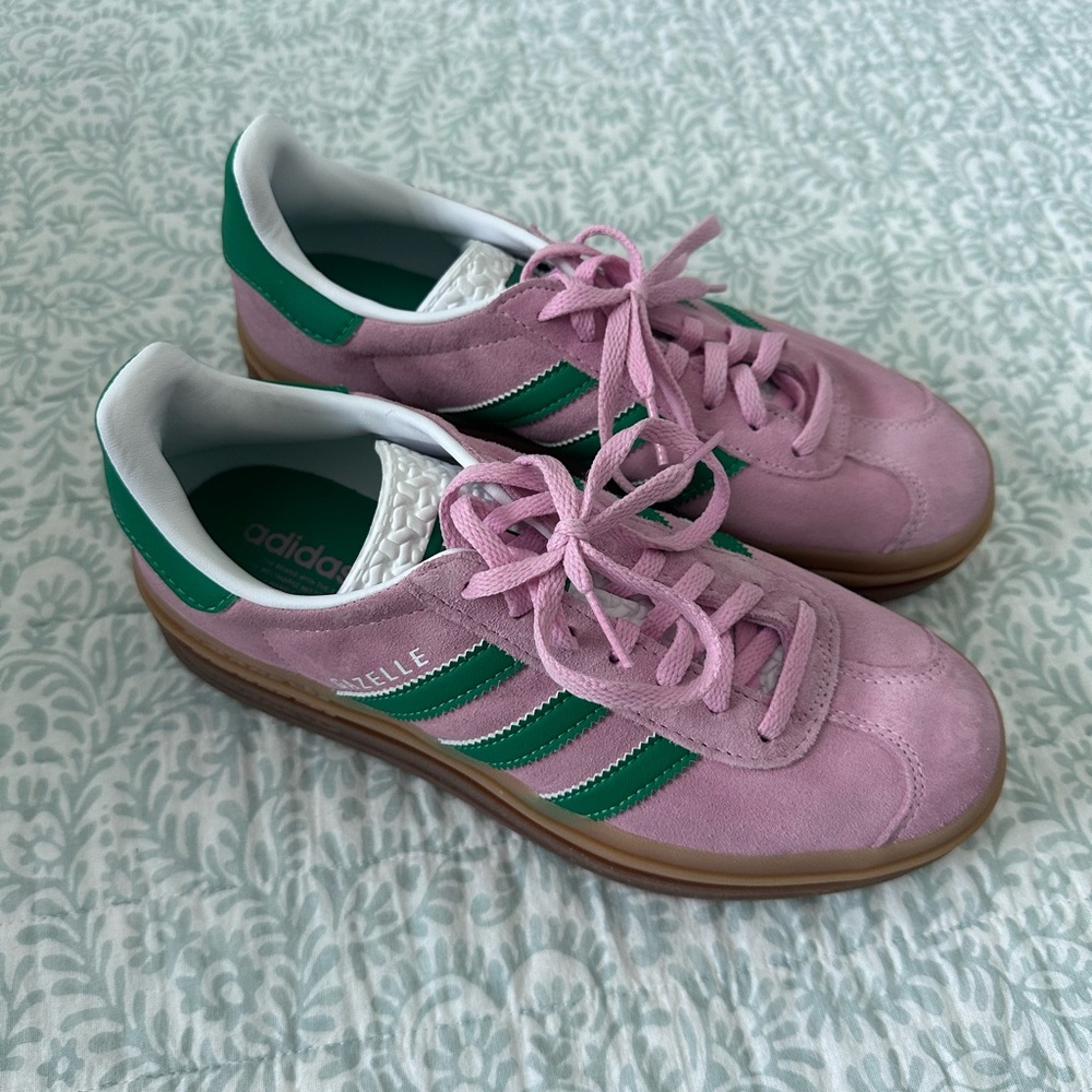 adidas Gazelle Platform Sneakers in Pink and Green with Gum Sole - Picture 4 of 5